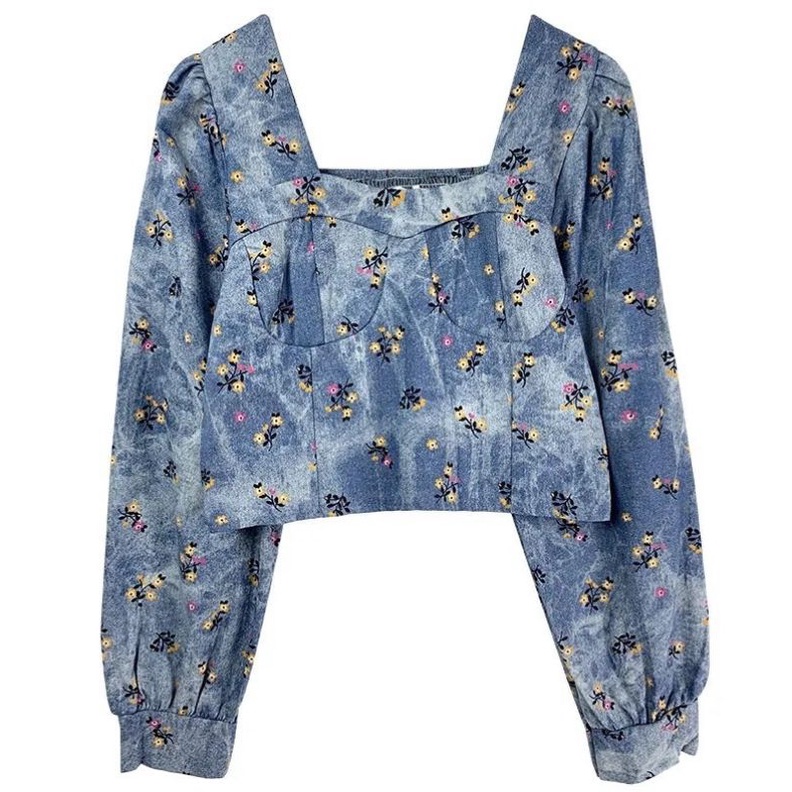 Áo Sơ Mi Jean Denim Hoạ Tiết Hoa Nhí Cổ Vuông Dáng Crotop
