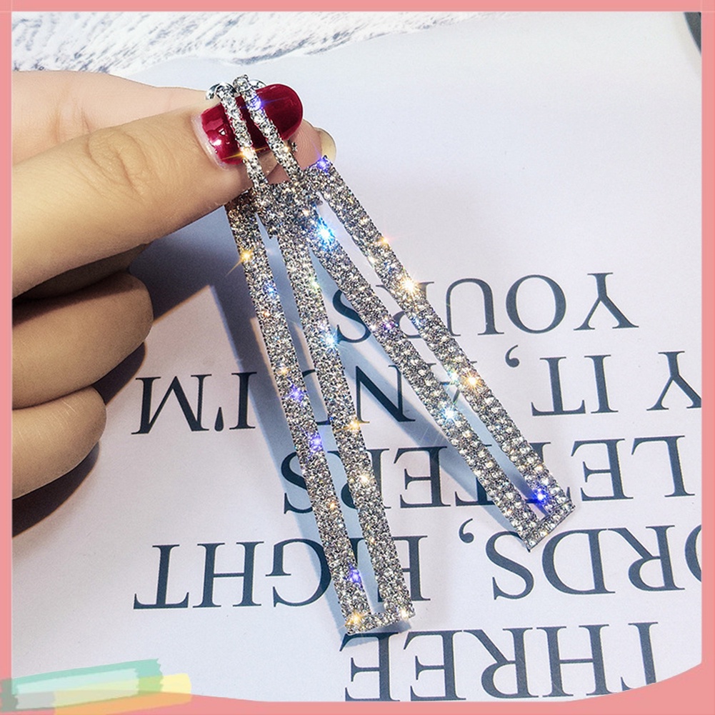 Khuyên tai nữ dáng dài đính đá dáng chữ nhật rỗng