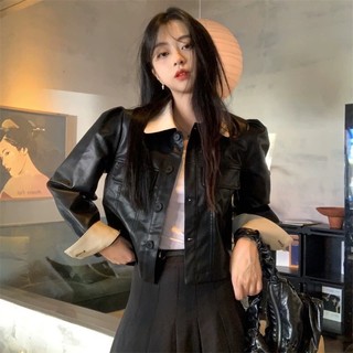 Áo khoác da phối màu dáng ngắn akdthp