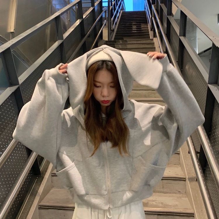 Áo Khoác Hoodie Dày Ngắn Có Khóa Kéo Thiết Kế Tai Thỏ Dễ Thương Phong Cách Preppy Thời Trang Thu Đông