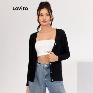 1221de-Áo cardigan Lovito màu trơn vải dệt jacquard phối nút cài phong cách thường ngày L18X301 (Màu đen)