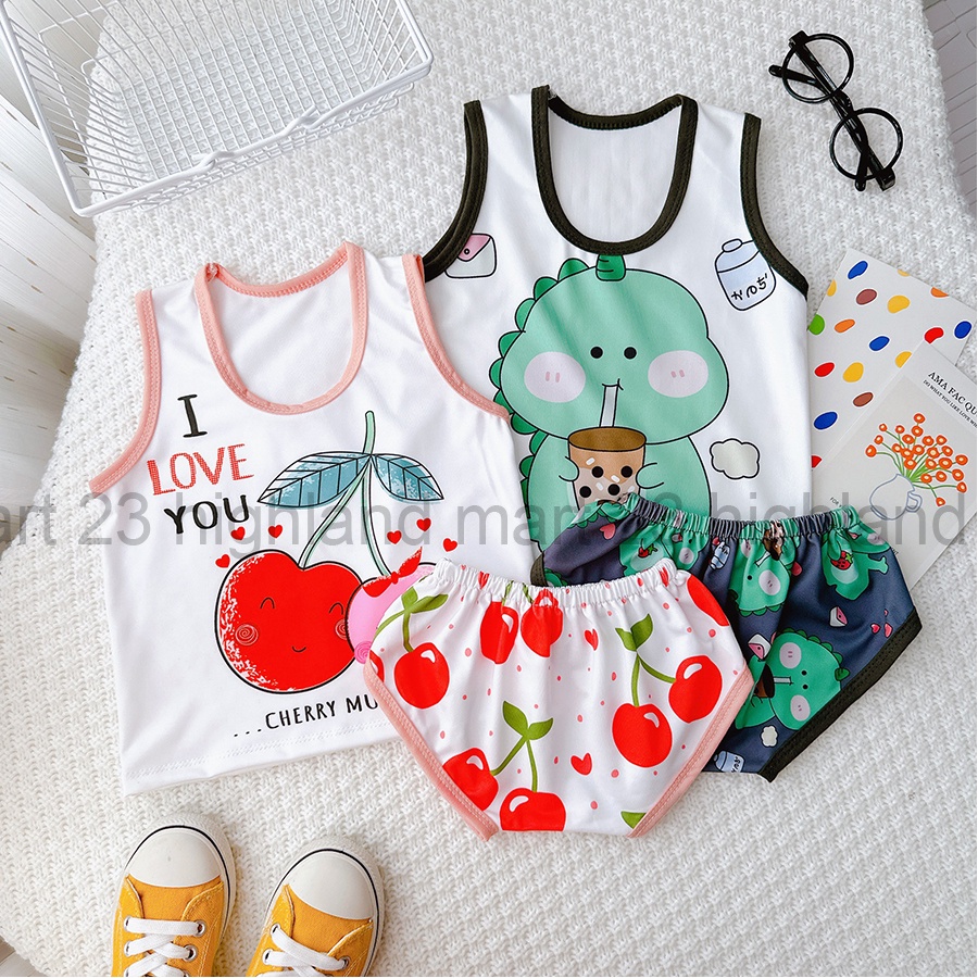 Bộ Ba Lỗ Tã Thun Lạnh In Họa Tiết Cherry Cho Bé