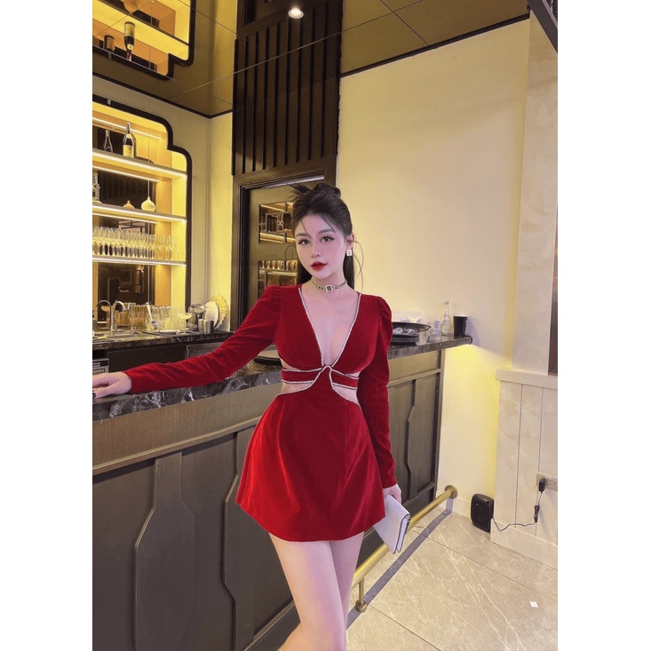 SIÊU SALE ĐẦM NHUNG THIẾT KẾ TAY ÁO DÀI , CỔ CHỮ V KHOÉT SÂU SANG CHẢNH KHI ĐI CHƠI , DỰ TIỆC UP SHOP HHP