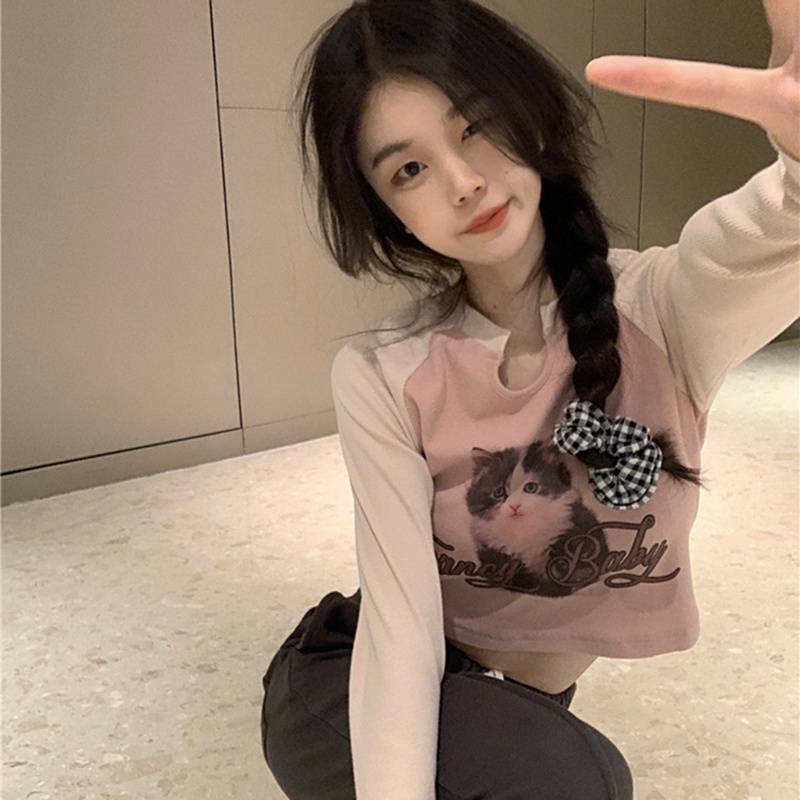 IELGY  IELGY Áo Thun Tay Dài Dáng Ôm In Hình Mèo Phong Cách Mỹ Cổ Điển Thời Trang Cho Nữ