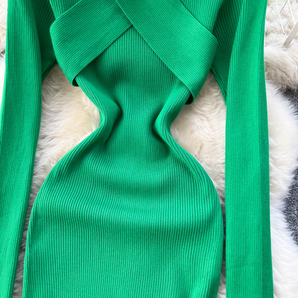 Đầm len dệt kim nữ thu đông dây chéo cách điệu