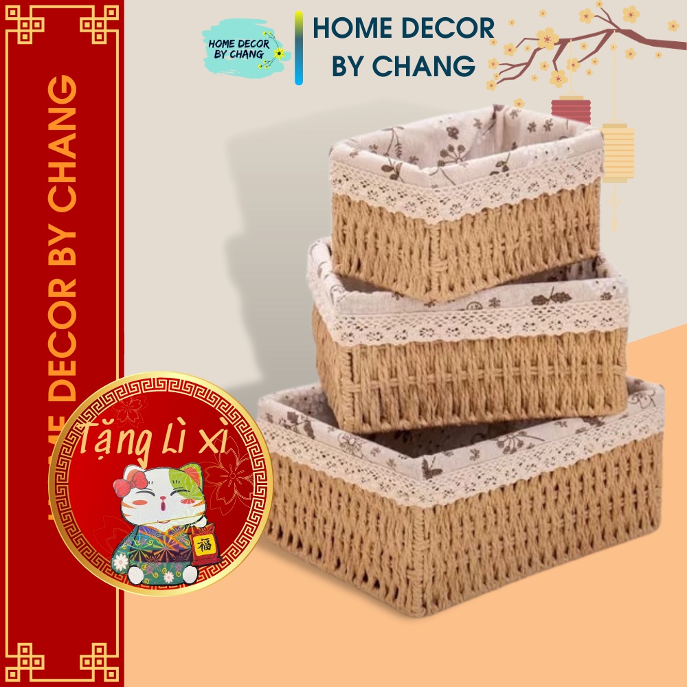 Giỏ mây đựng đồ, đựng mỹ phẩm, đựng đồ ăn vặt để bàn, decor chụp ảnh sản phẩm lót vải vintage