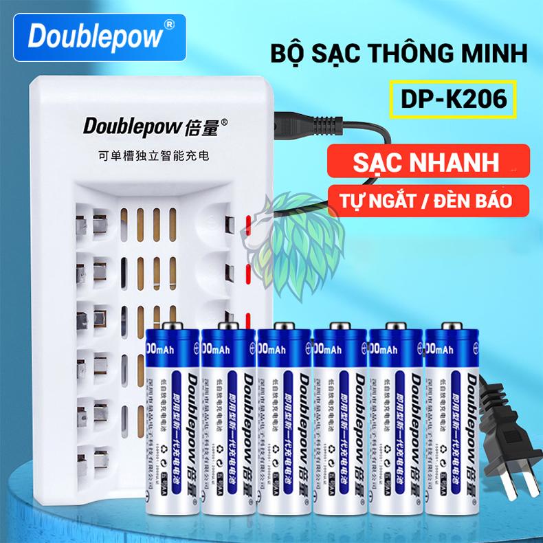 Sạc pin AA AAA Doublepow DP-K206 với 6 khe cắm pin 2A 3A báo đèn khi pin đầy, tự ngắt dùng cho micro, remote, đồng hồ