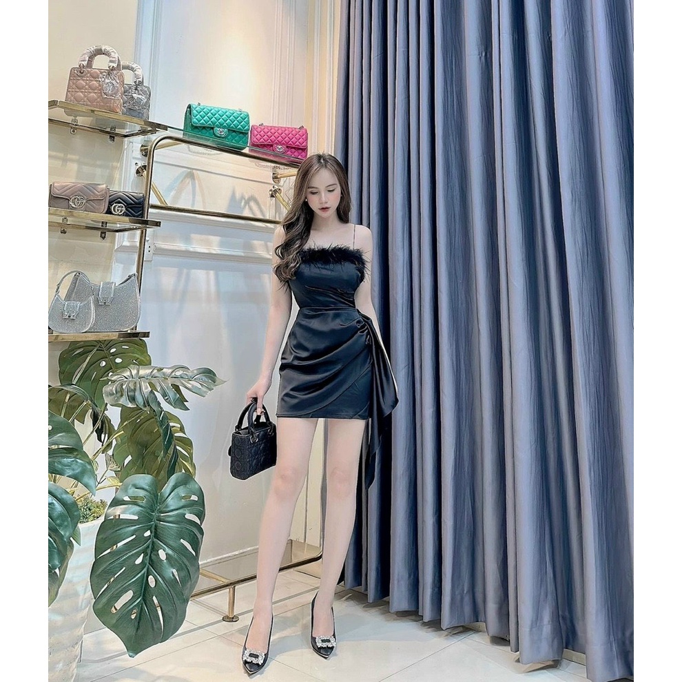 Đầm body thiết kế hai dây xếp bèo, Đầm tapta phối lông hai dây ôm eo váy xòe ngắn trên gối cực thu hút tại các bữa tiệc