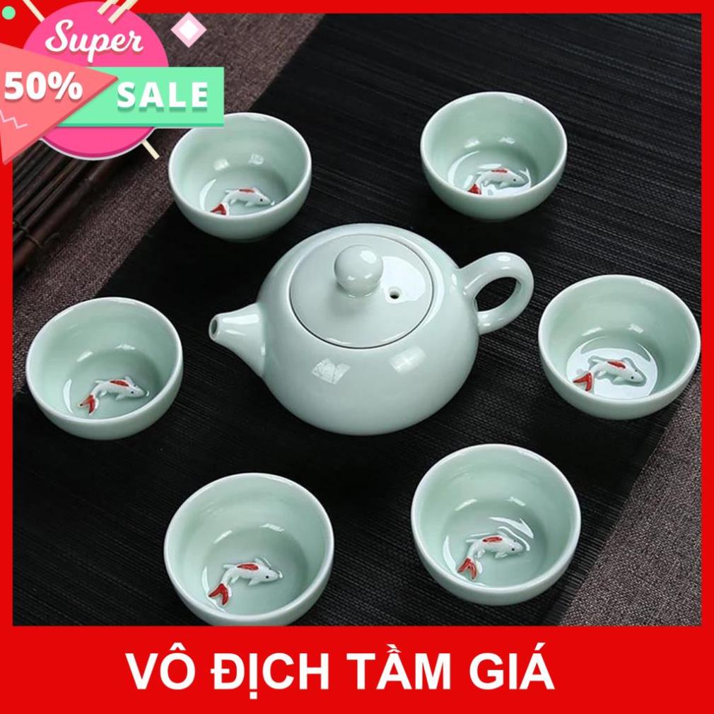 Bộ Bình Trà Và Ly 3D cá Cao Cấp Fullbox