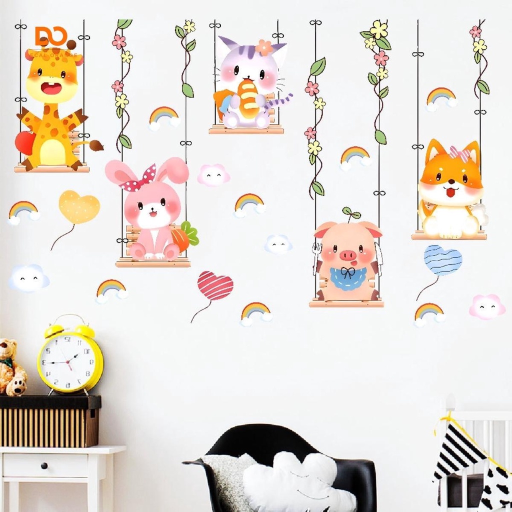 Decal dán tường cho bégái thú ngồi xích đu trang trí phòng ngủ