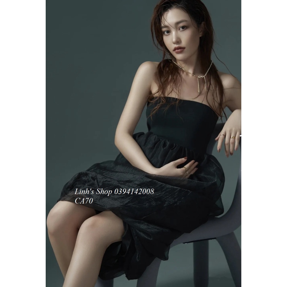 Đầm dệt kim pha voan bồng màu đen làm đạo cụ chụp ảnh thời trang dành cho mẹ bầu CA70