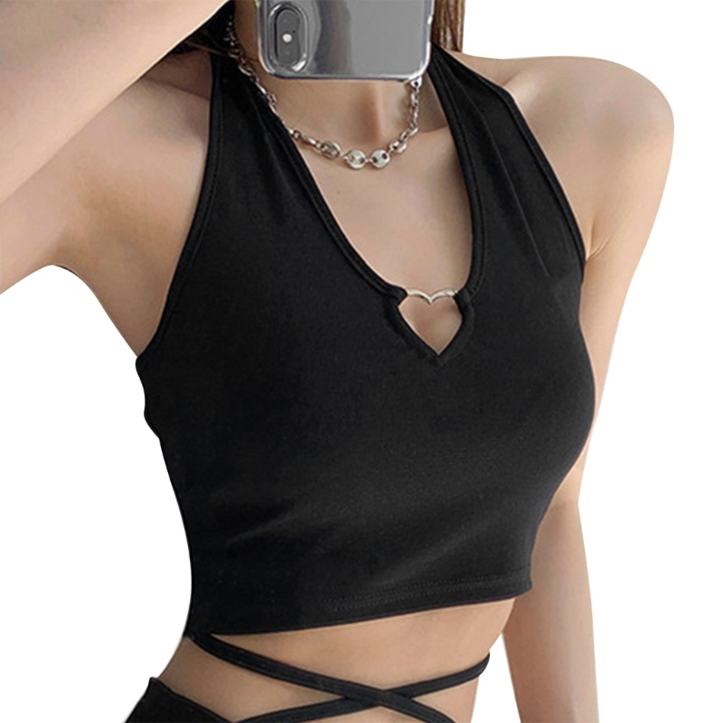 Áo Croptop Sát Nách Cổ Chữ V Màu Trơn Có Vòng Kim Loại Ôm Dáng Gợi Cảm Cho Nữ