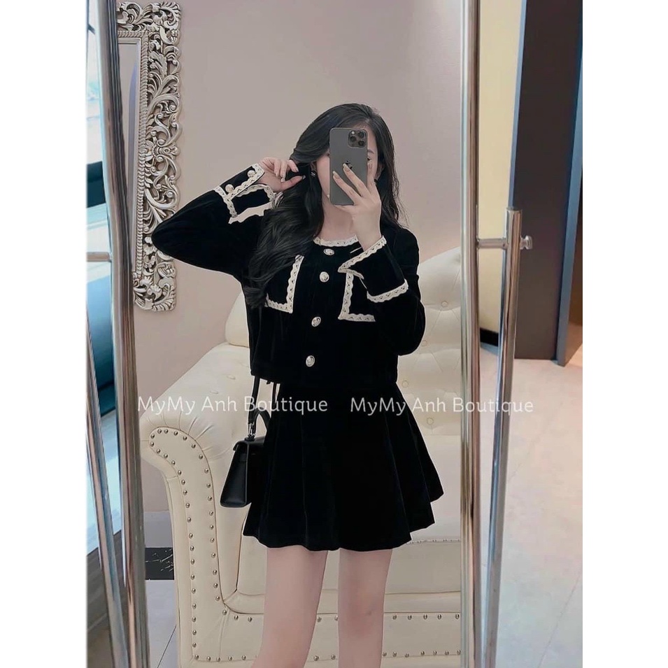 Sét áo croptop kèm chân váy chất nhung mịn phối viền ren, sét áo khoác croptop nhung kèm chân váy viền ren trắng