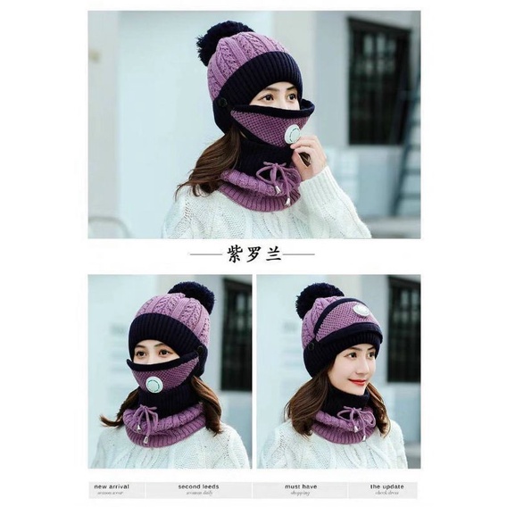 Mũ len nữ, mũ len unisex trùm đầu lót lông kèm khăn giữ ấm chống lạnh,chống gió nhiều màu ACHAOTHIEN