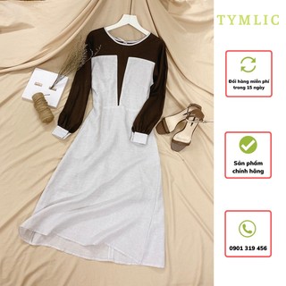 Đầm linen tưng pre dài tay phối màu tymlic