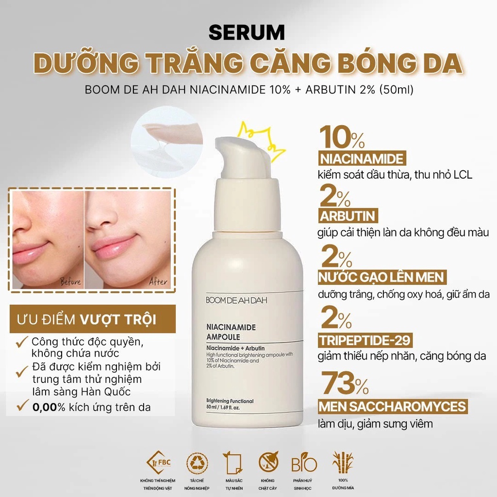 Tinh chất serum dưỡng trắng căng bóng da Boom de ah dah Niacinamide 10% Arbutin 2% Ampoule 50ml