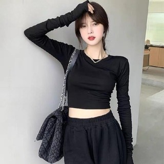 Áo thun croptop cổ tròn tay dài chất thun borip co giãn tốt