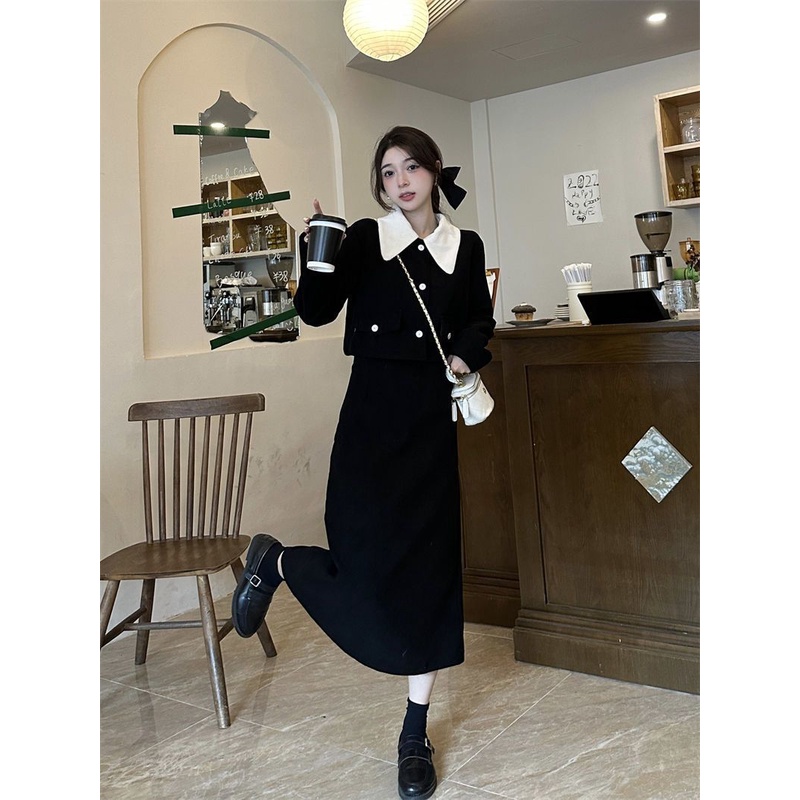 Bộ Áo Khoác Tay Dài Cổ Búp Bê + Chân Váy Dài Thời Trang Thu Đông Cho Nữ