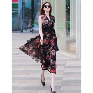 Đầm xòe dáng dài sát nách họa tiết cao cấp - akngs280007