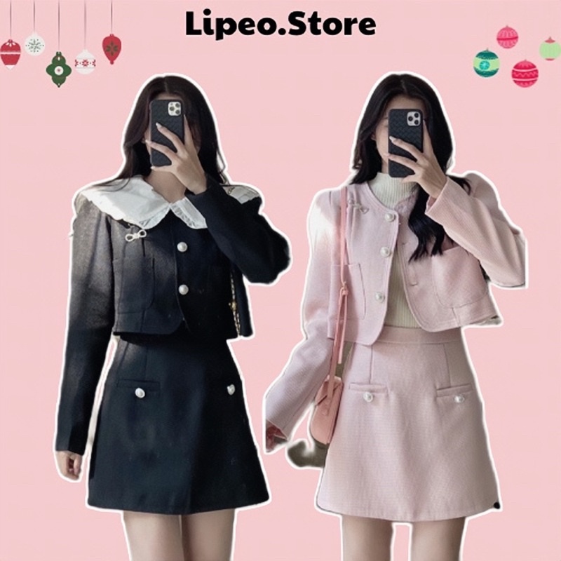 Set dạ Tweed cúc ngọc có độn vai kèm tag nơ đính đá