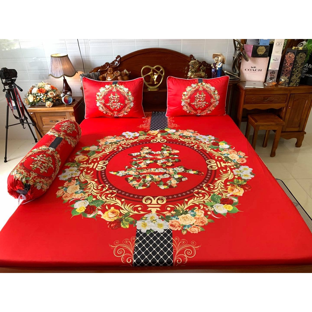 Bô ga cao cấp thun ý lạnh 5D siêu mát mẫu long phụng phòng cưới