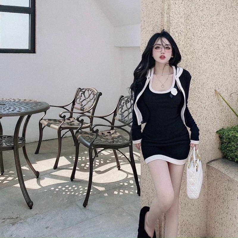 Set Đầm Body Gân Viền Phối Hoa Kèm Khoát Ngắn
