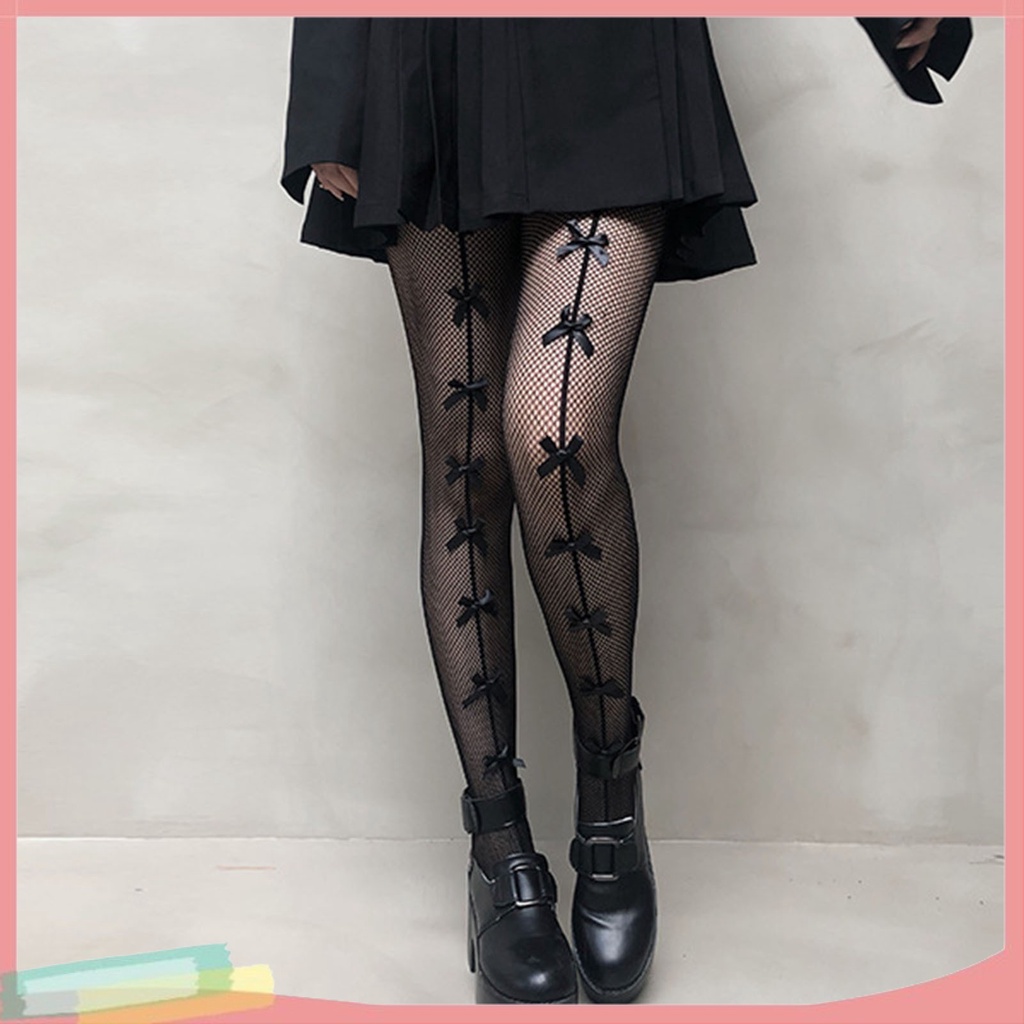 Quần Tất Lưới Màu Đen Đính Nơ Phong Cách Nhật Bản Cho Nữ