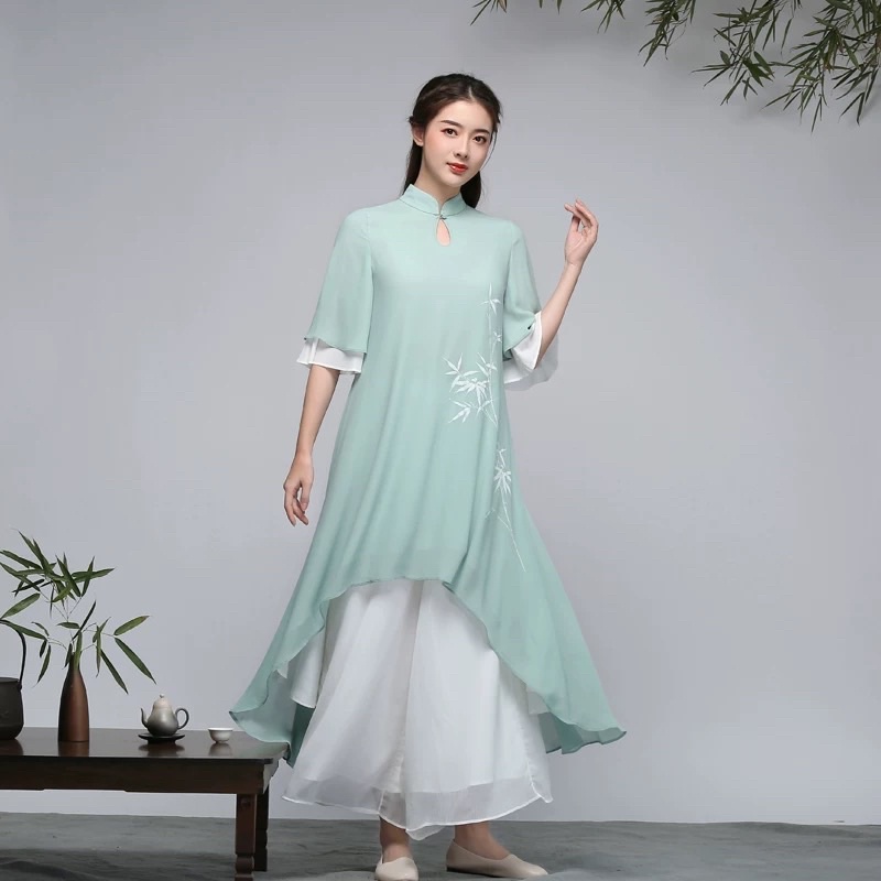 Váy sườn xám áo dài cách tân kiểu trung hoa trung quốc hán phục đi lễ chùa trang phục bàn trà spa