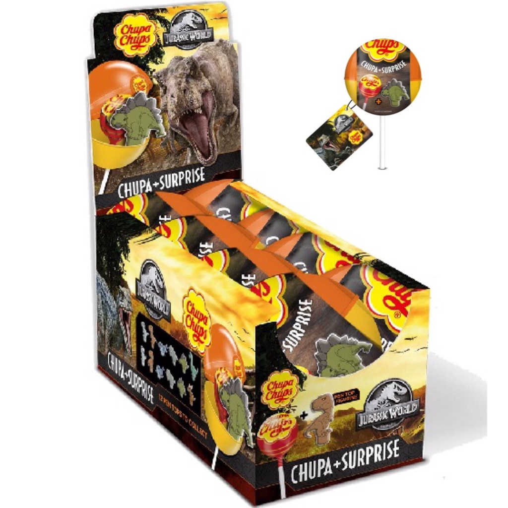 Kẹo Mút Kèm Đồ Chơi Khủng Long Chupa Chups Surpirse Jurassic World 12gr - Tây Ban Nha