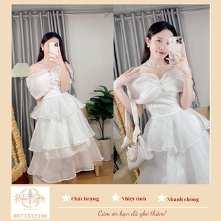 Đầm Trắng Trễ Vai Nơ 3 Tầng HH70
