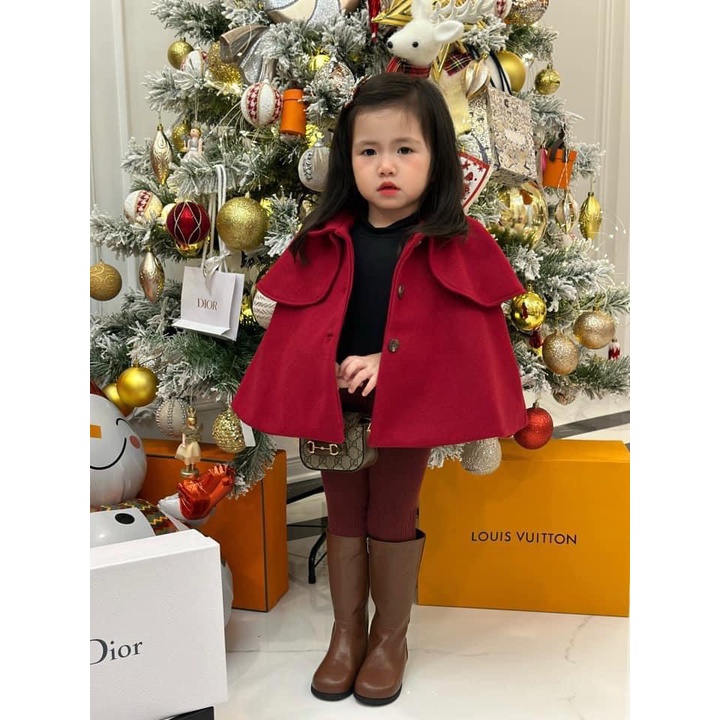 Áo dạ choàng đỏ 2 lớp bé gái thời trang đáng yêu ấm áp chất dạ dày dặn fullsize