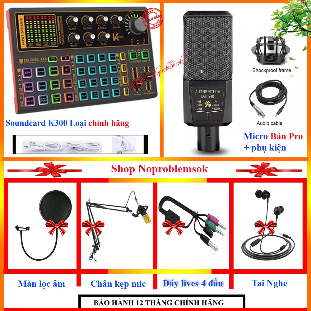 Bộ mic thu âm livestream karaoke trên điện thoại Soundcard K300 micro LGT240 lọc tạp âm tốt