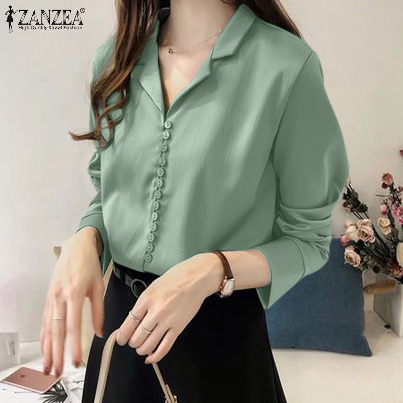 Áo sơ mi ZANZEA tay dài màu trơn phong cách Hàn Quốc thời trang công sở cho nữ