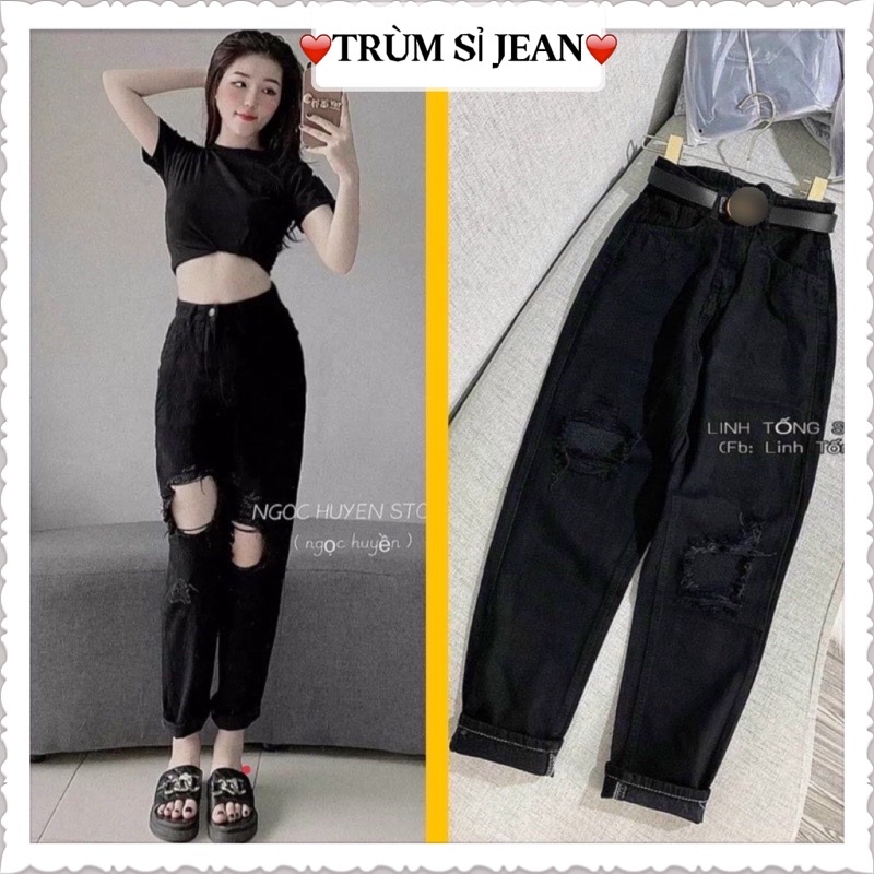 Quần baggy nữ lưng cao rách kiểu màu đen - Quần bò nữ rách phong cách bụi bặm cá tính