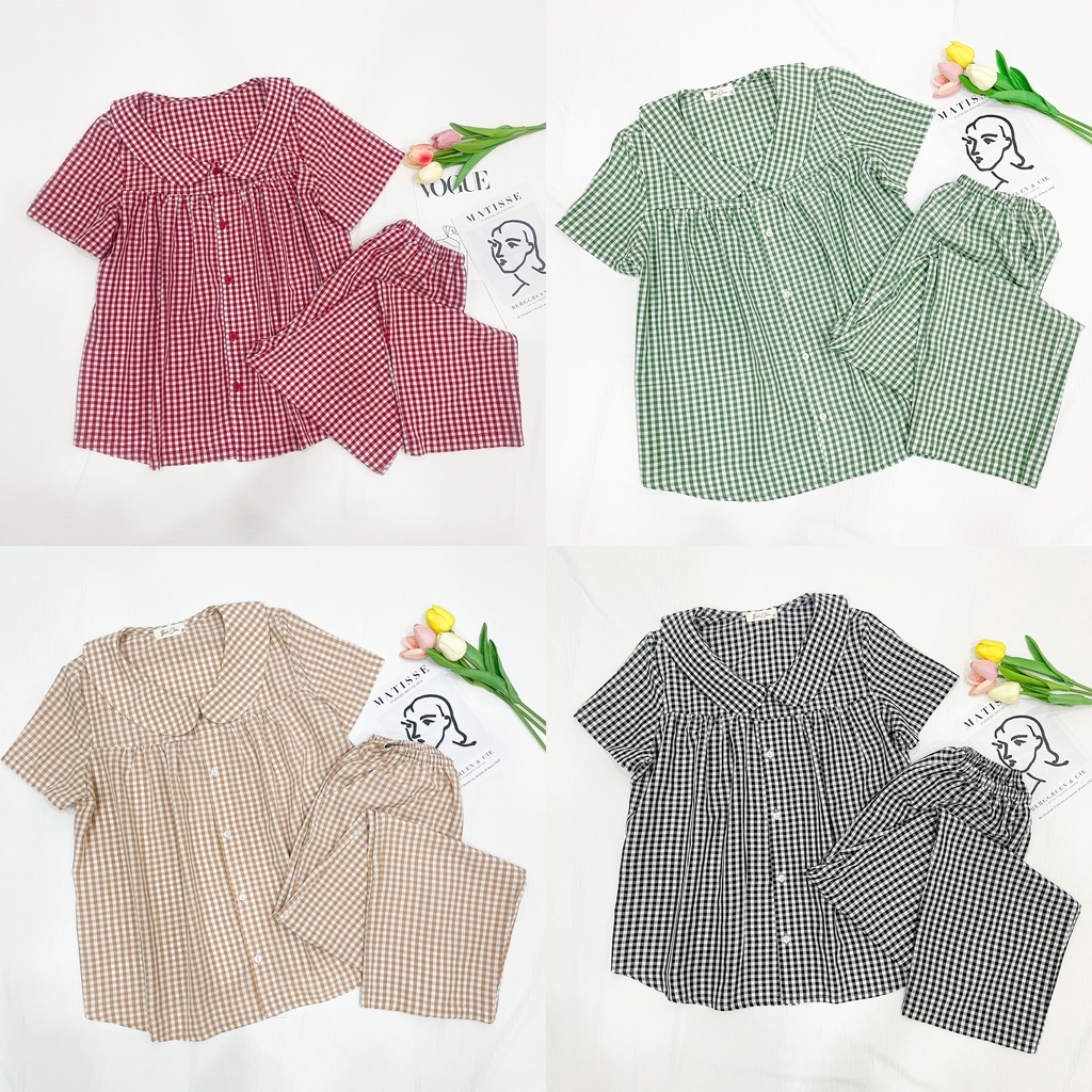 Đồ Bộ Ngủ Tay Ngắn Quần Dài Pijama Nữ Caro Lụa Mát Không Nhăn - Bình Châu Sleepwear Clothing