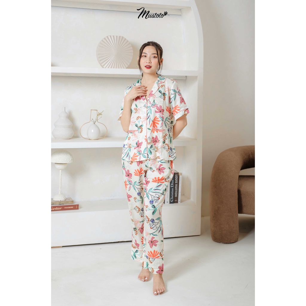 Bộ Pyjama Lụa Quần Dài Hoạ Tiết Hoa Mustoto (Mustoto MB11)