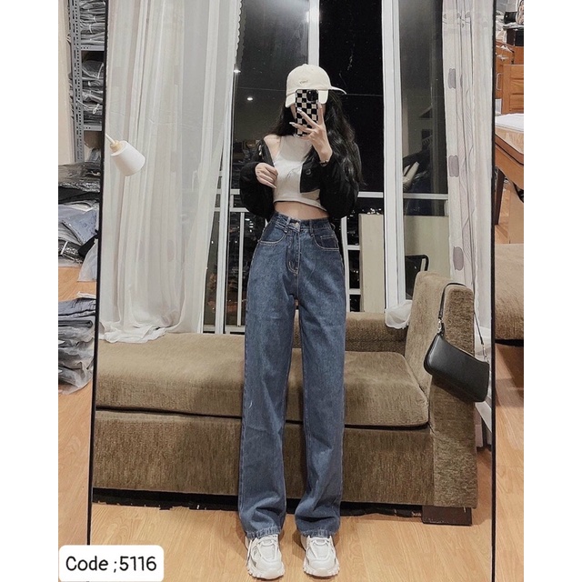 QUẦN JEANS DÀI ỐNG RỘNG TRƠN COTTON KHÔNG GIÃN LƯNG CAO- hình thật 100%