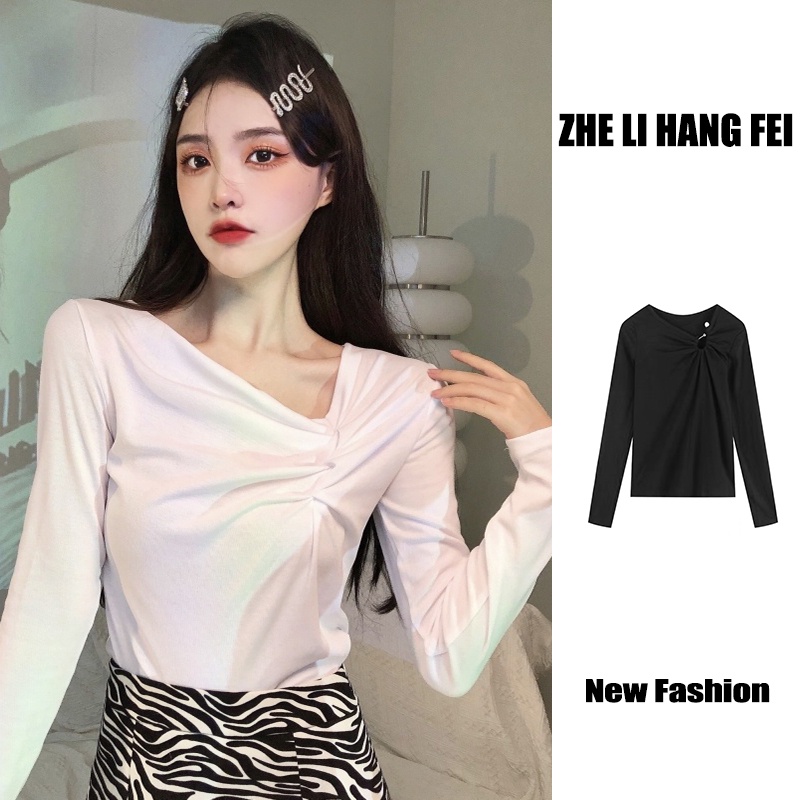 ZHELIHANGFEI Áo Thun Tay Dài Lưng Cao Dáng Ôm Hợp Thời Trang