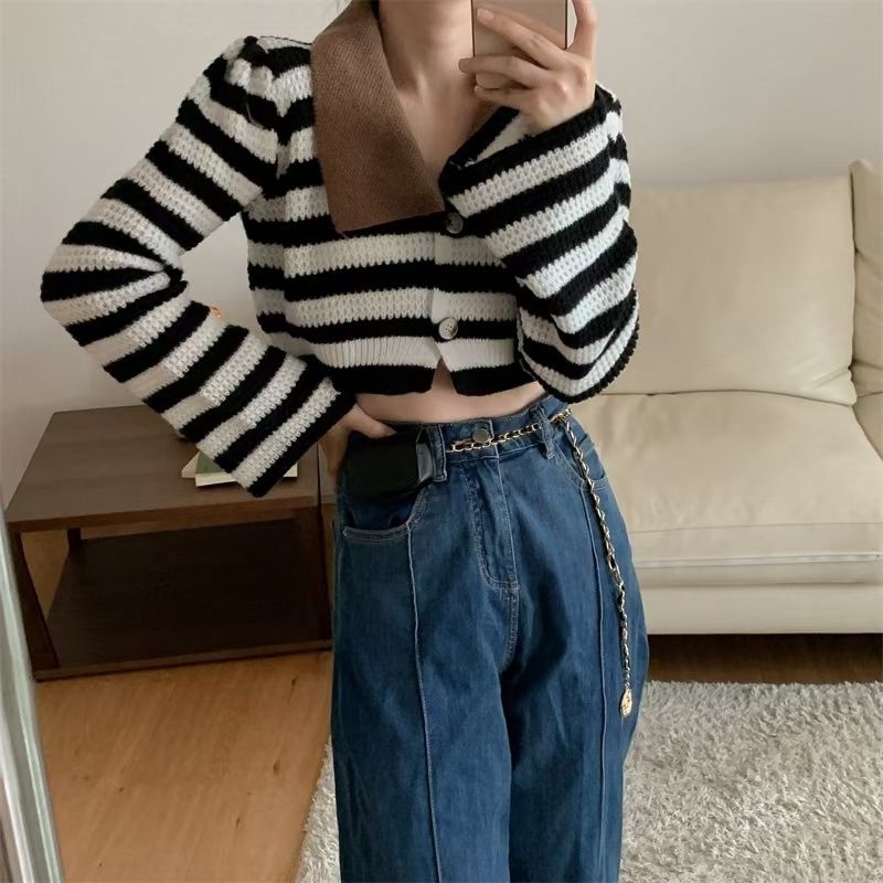 IELGY   Áo cardigan Dệt Kim Tay Phồng Họa Tiết Kẻ Sọc Thời Trang Pháp Cho Nữ