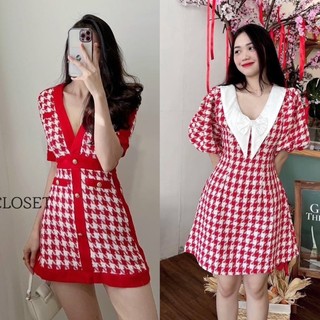 Váy Kẻ Ziczac Đỏ Dự Tiệc Sang Chảnh (Đầm Dạ Tweed Đỏ) Váy Dạ Cổ V Form A Tôn Dáng