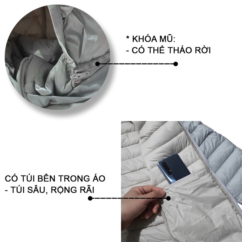 Áo phao nam siêu nhẹ, chất liệu giữ nhiệt chống thấm nước form dáng vừa vặn, mũ có thể tháo.