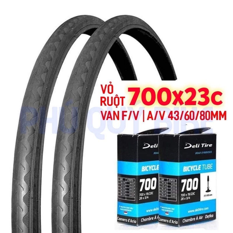 Bộ Vỏ Ruột Xe Đạp 700x23c DELI TIRE | Vỏ Trơn Ruột Van 43/60/80mm Van Pháp/Van Mỹ