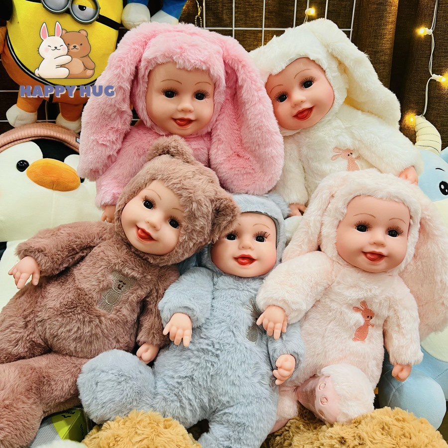 Búp bê em bé mặc áo mũ thỏ, gấu, gấu bông, đồ chơi quà tặng dành cho bé size 35cm - Happy Hug