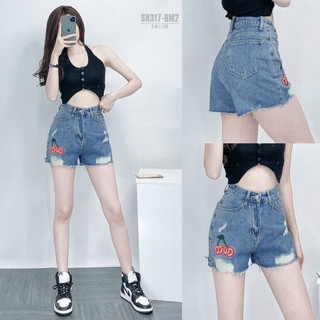 Quần Short Jean Nữ Mẫu Rách Thêu Cherry Hàng Co Giãn Bigsize