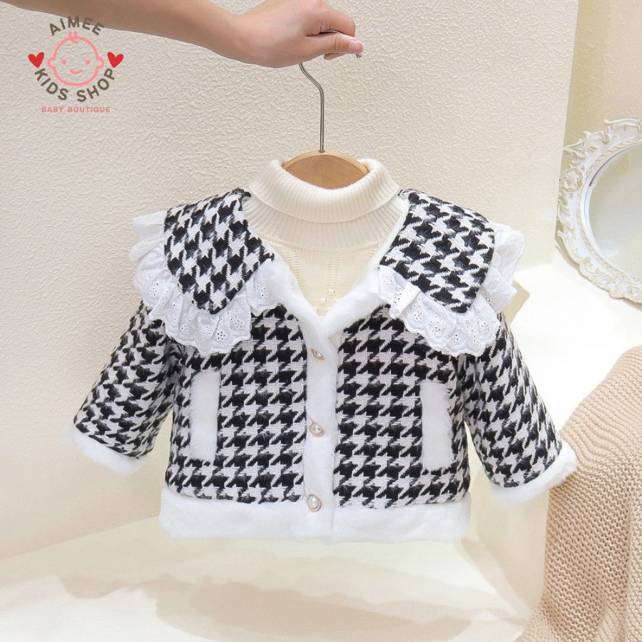 Áo khoác dạ kẻ đen trắng lót lông ấm áp sang chảnh cho bé gái A01