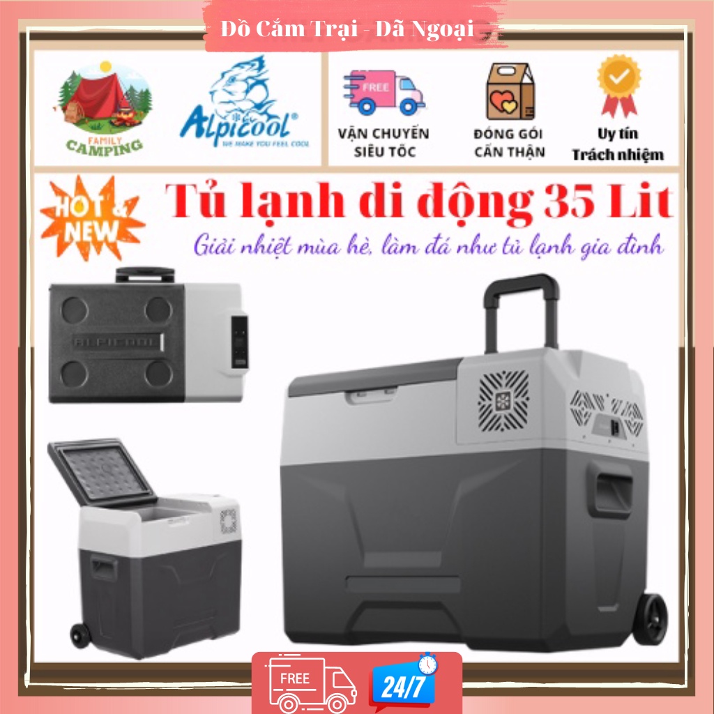 Tủ lạnh di động 40 Lít có bánh xe tay kéo dùng cho ôtô, gia đình cắm trại, du lịch làm đá nhanh như tủ lạnh gia đình