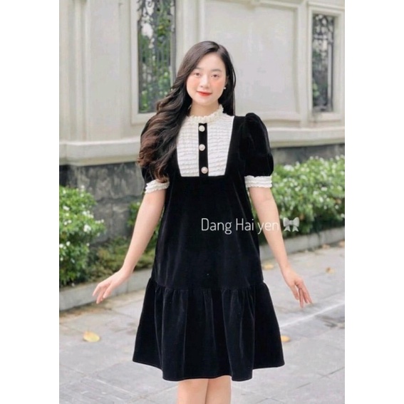 Váy bầu nhung cổ trắng tiểu thư xinh xắn, 2 màu đỏ và đen,chất nhung lỳ mịn