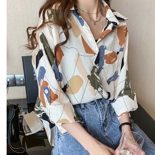 ZHELIHANGFEI Áo Sơ Mi Tay Dài Dáng Rộng In Họa Tiết Độc Đáo Thời Trang Mùa Thu Cho Nữ