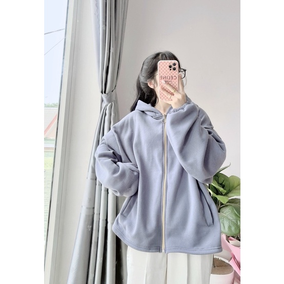 Áo khoác nữ nỉ bông khoá kéo, hoodie zip Banana dày dặn nón rộng, tay phồng