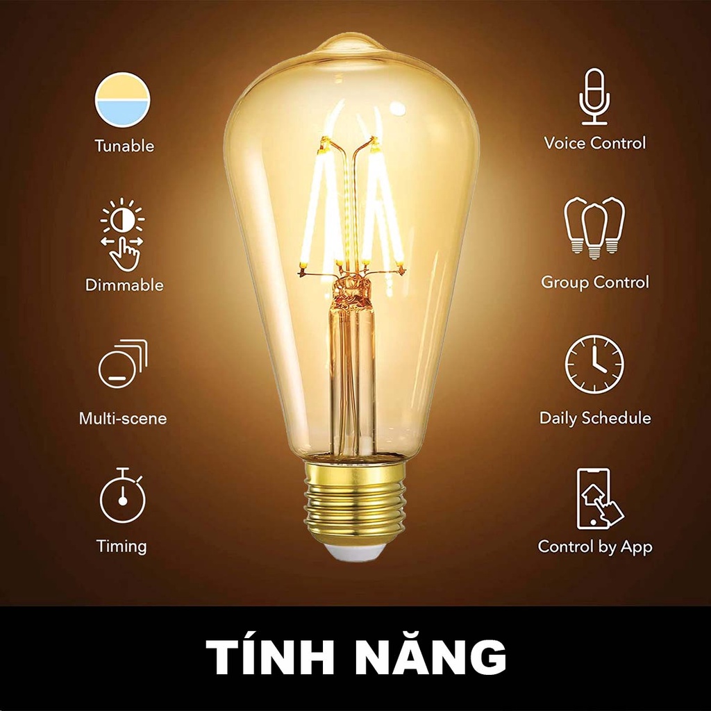 Bóng đèn led dây tóc thông minh HUEPRESS Bluetooth Mesh Filament Bulb ST64 đui E27 4W 2700K-6500K Edison vintage